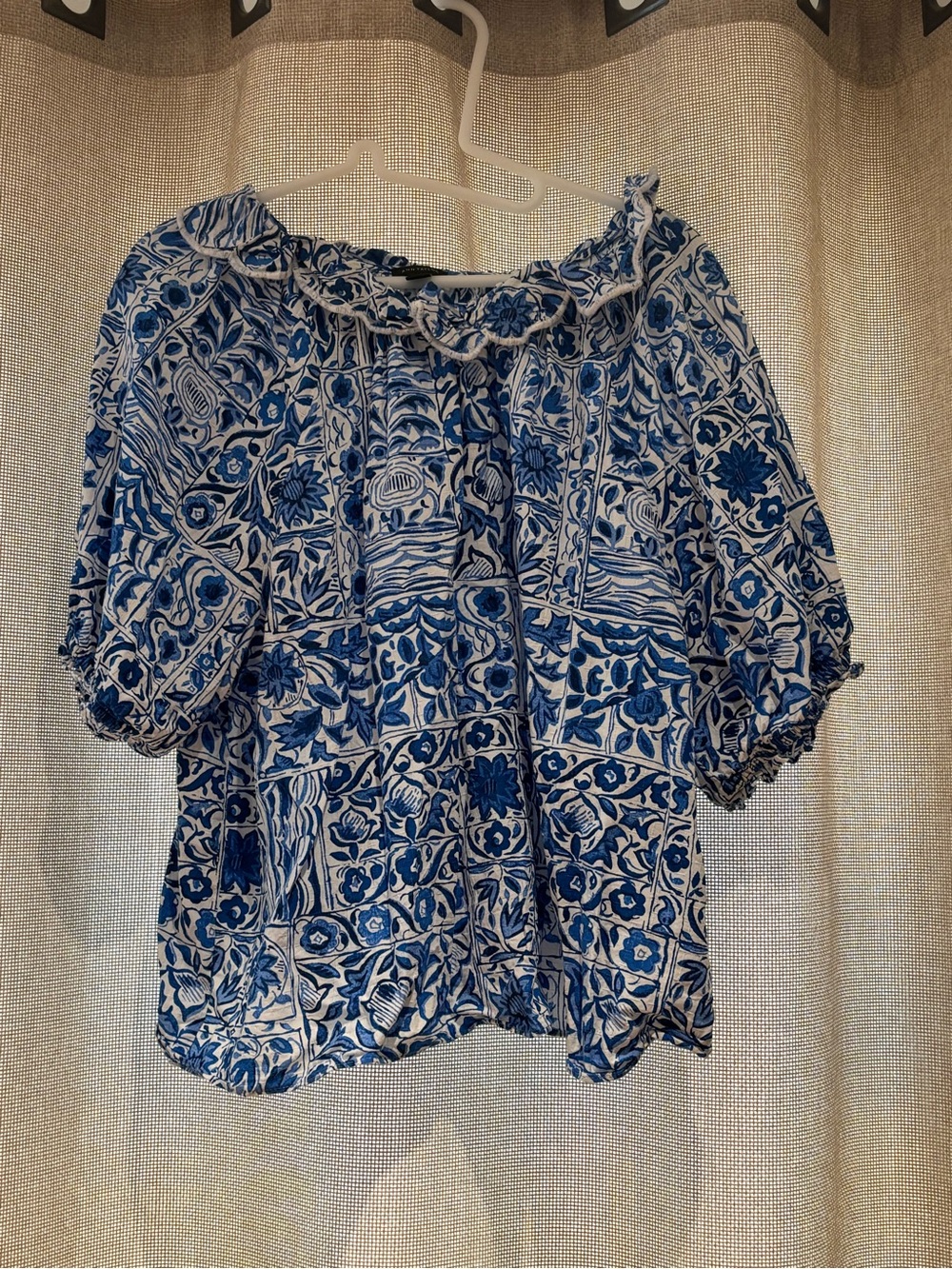 Ann Taylor Blue and White Floral Ruffle Blouse